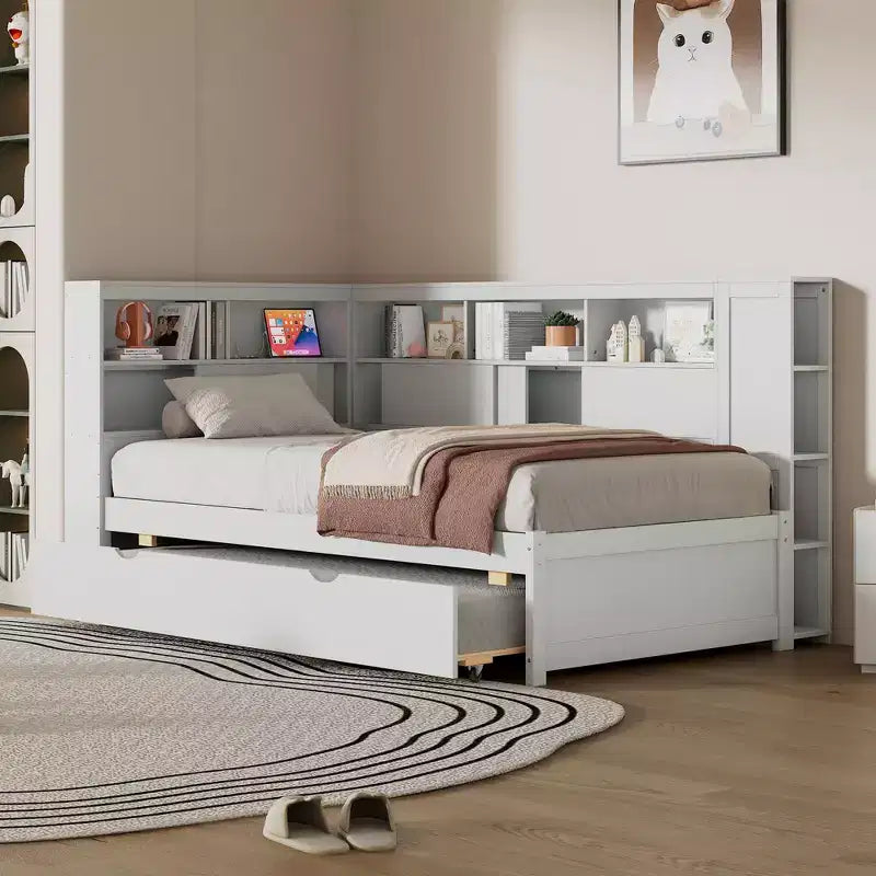 Letto a giorno gemello a L con letto estraibile, mensole a libreria e porta USB