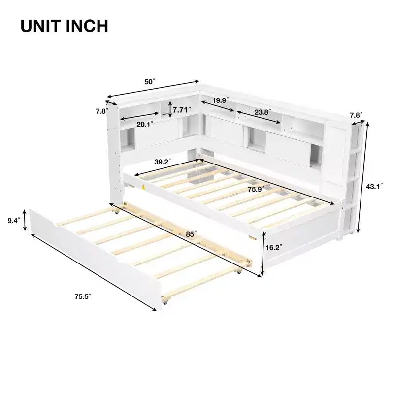 Letto a giorno gemello a L con letto estraibile, mensole a libreria e porta USB