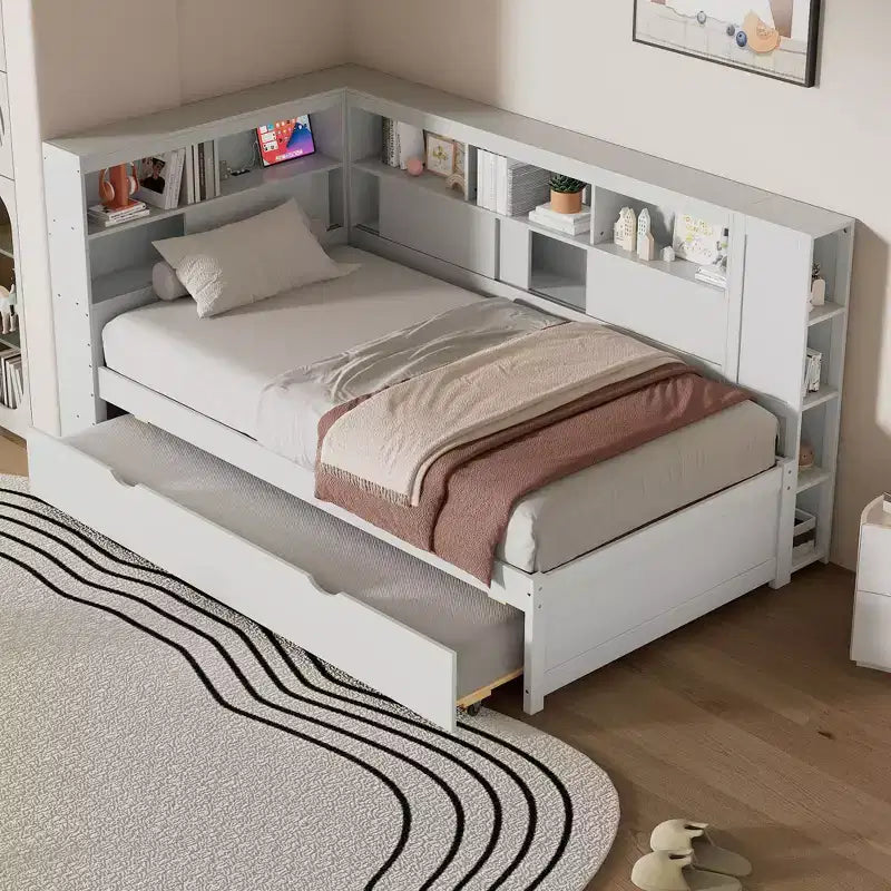 Letto a giorno gemello a L con letto estraibile, mensole a libreria e porta USB