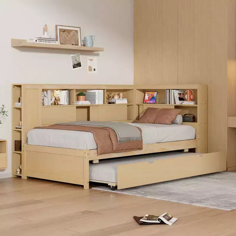 Letto a giorno gemello a L con letto estraibile, mensole a libreria e porta USB