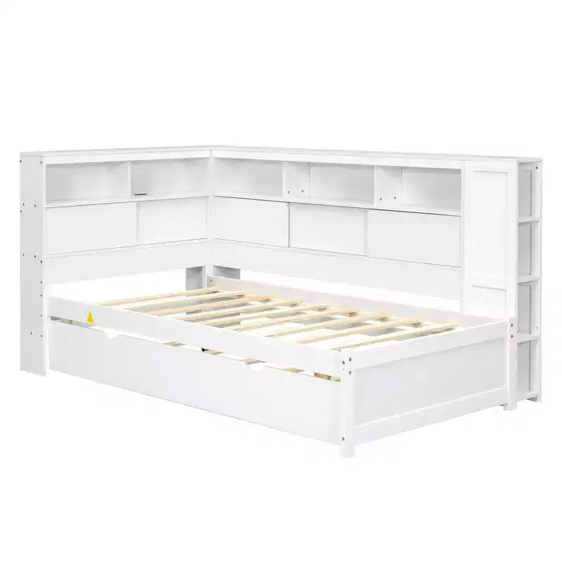 Letto a giorno gemello a L con letto estraibile, mensole a libreria e porta USB
