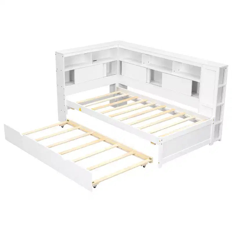 Letto a giorno gemello a L con letto estraibile, mensole a libreria e porta USB