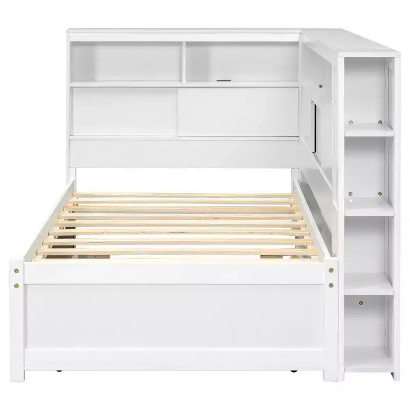 Letto a giorno gemello a L con letto estraibile, mensole a libreria e porta USB