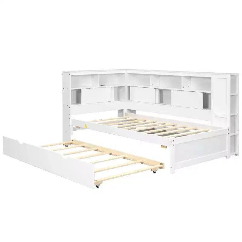 Letto a giorno gemello a L con letto estraibile, mensole a libreria e porta USB