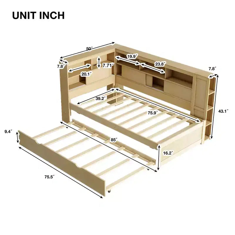 Letto a giorno gemello a L con letto estraibile, mensole a libreria e porta USB