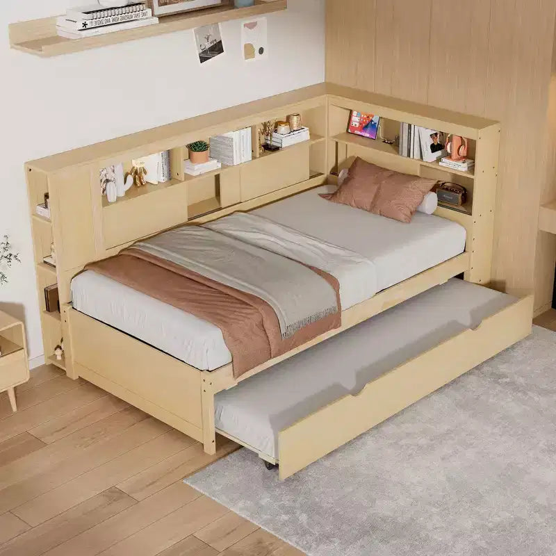 Letto a giorno gemello a L con letto estraibile, mensole a libreria e porta USB