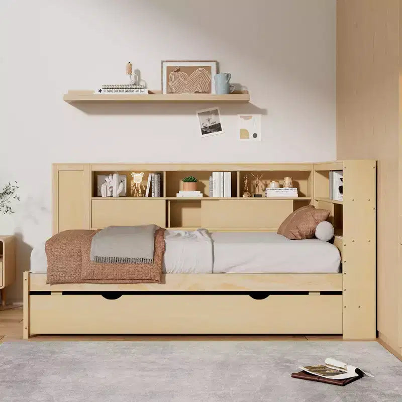 Letto a giorno gemello a L con letto estraibile, mensole a libreria e porta USB