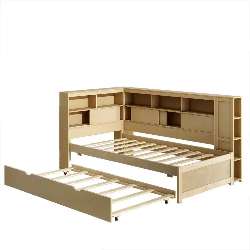 Letto a giorno gemello a L con letto estraibile, mensole a libreria e porta USB