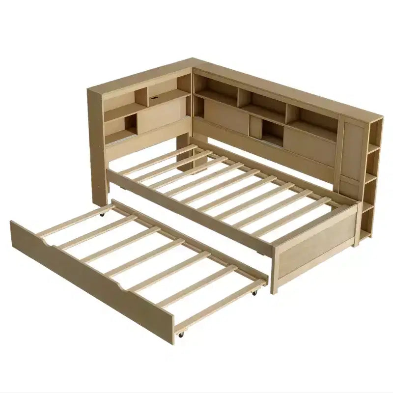 Letto a giorno gemello a L con letto estraibile, mensole a libreria e porta USB