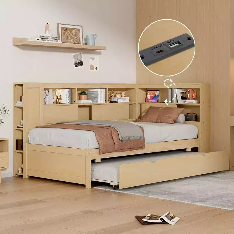 Twin Size Daybed with Trundle and Bookcase, L Shaped Daybed with Shelves & USB, Twin Corner Bed Frame with Convertible Headboard