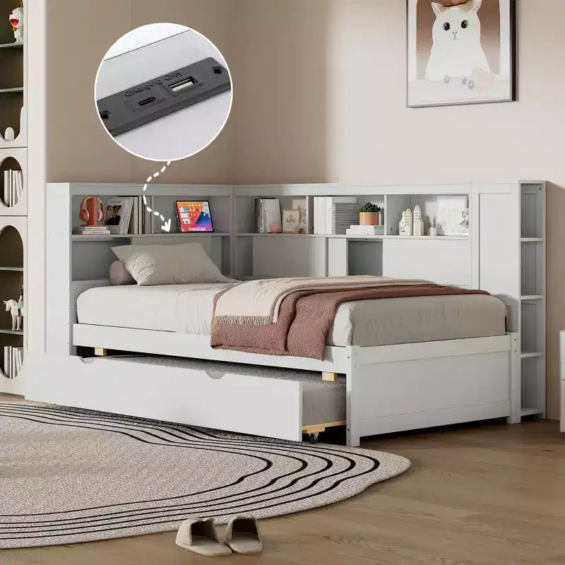 Letto a giorno gemello a L con letto estraibile, mensole a libreria e porta USB