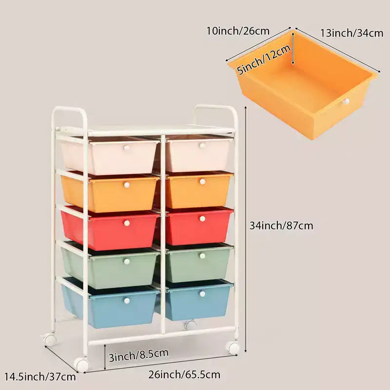 Carrello Organizer a 10 Cassetti con Struttura in Metallo - Vari Colori