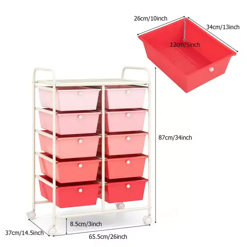 Carrello Organizer a 10 Cassetti con Struttura in Metallo - Vari Colori
