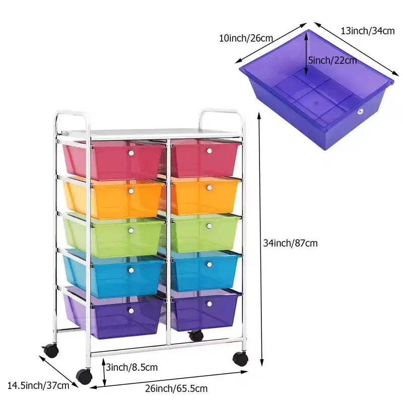 Carrello Organizer a 10 Cassetti con Struttura in Metallo - Vari Colori