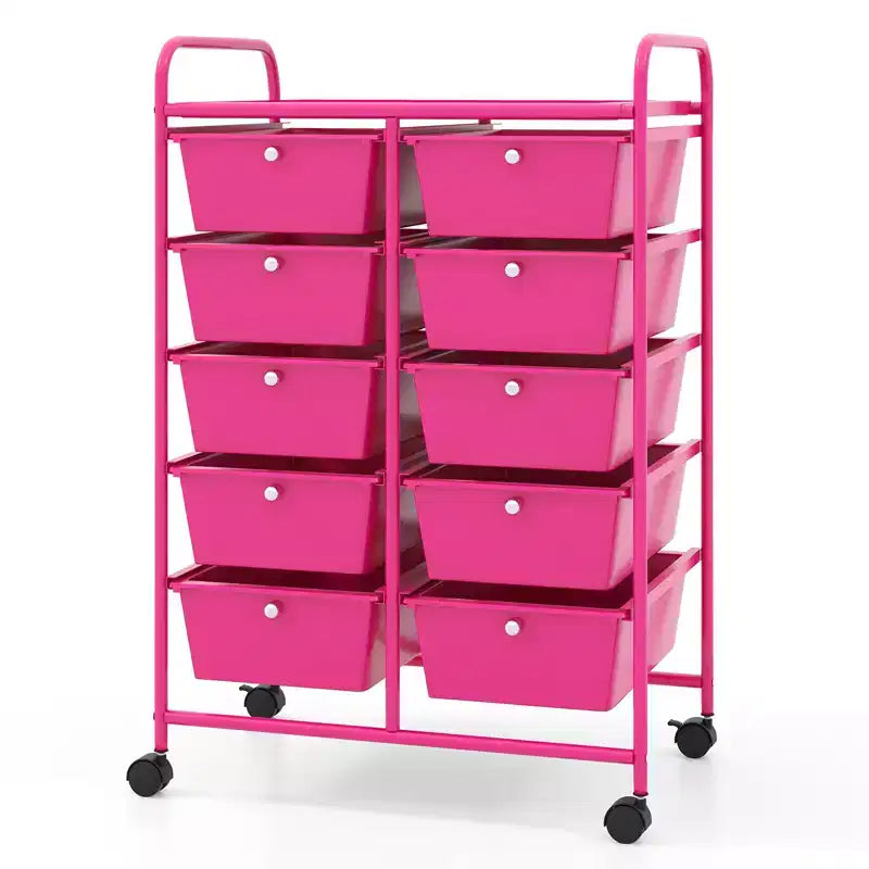 Gymax Stylish and Functional Organizer Cart Metal Frame Spacious Storage Easy Mobility Versatile Design Hot Pink/Macaron/Pink/Rainbow