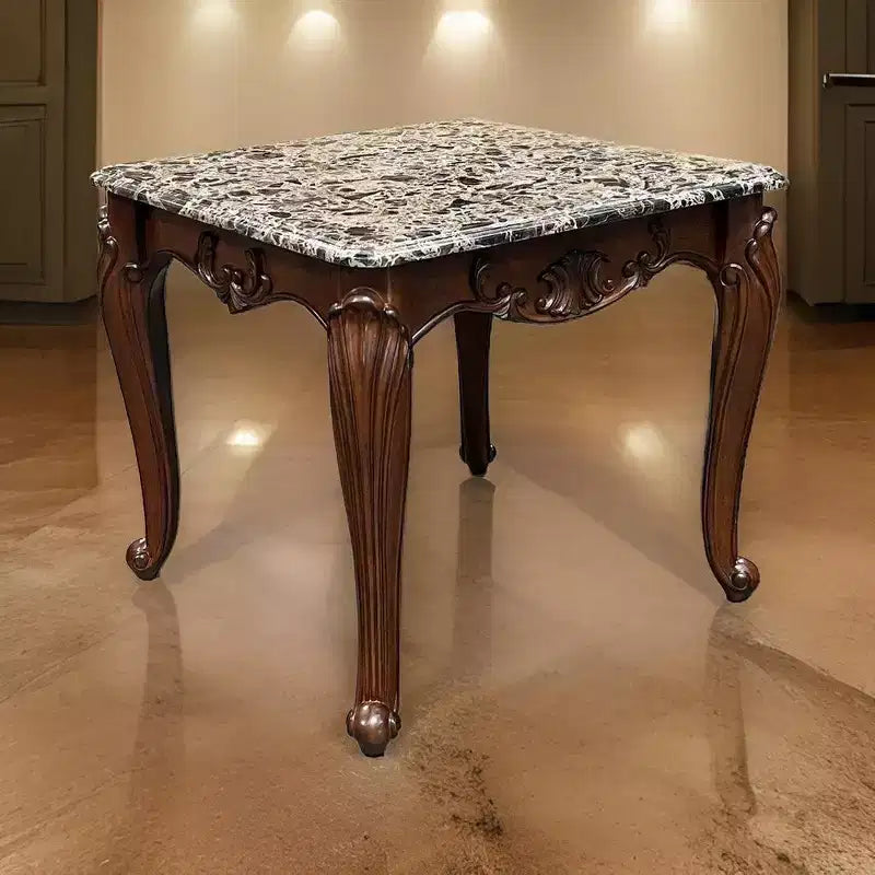 Royal Hampton Side End Table, Rectangular 28 Inch Marble, Cherry Brown Wood