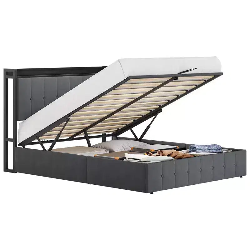 Full-size lift-up storage bed, velvet upholstered frame, headboard with storage, no spring mattress required, solid wood slats, quiet operation.