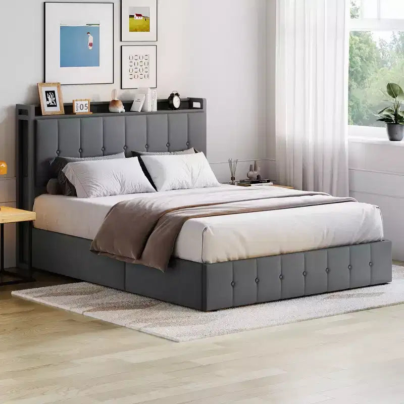 Letto contenitore sollevabile full-size con struttura rivestita in velluto e vano portaoggetti nella testiera