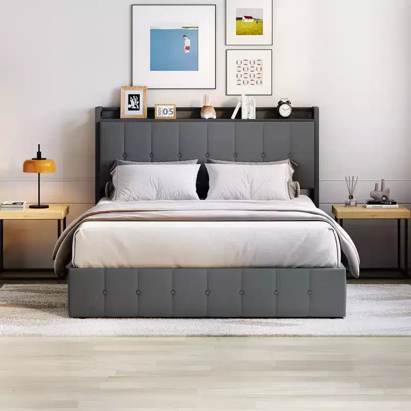 Letto contenitore sollevabile full-size con struttura rivestita in velluto e vano portaoggetti nella testiera
