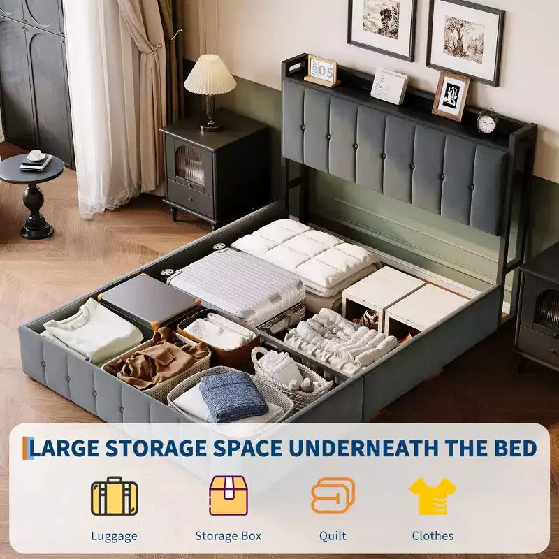 Letto contenitore sollevabile full-size con struttura rivestita in velluto e vano portaoggetti nella testiera