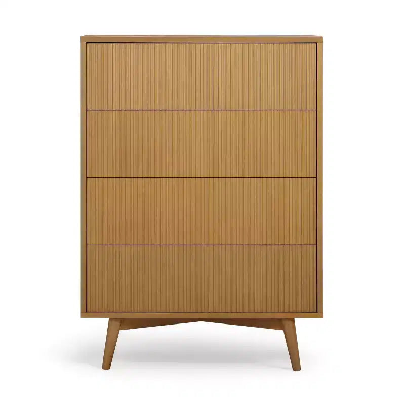 Cassettiera Moderna Bohemien a 4 Cassetti con Legno Massello e Frontali Scanalati