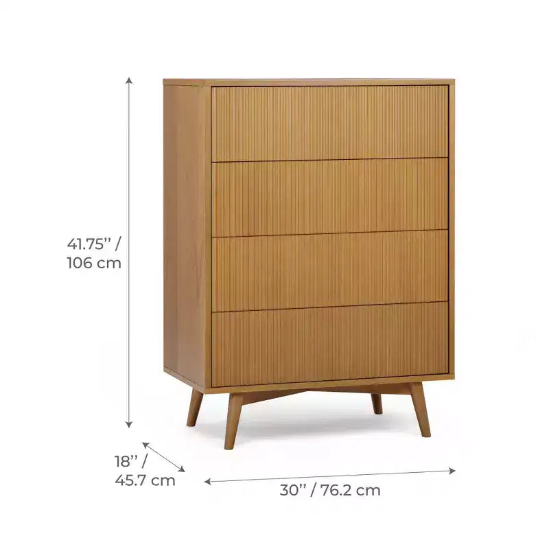 Cassettiera Moderna Bohemien a 4 Cassetti con Legno Massello e Frontali Scanalati