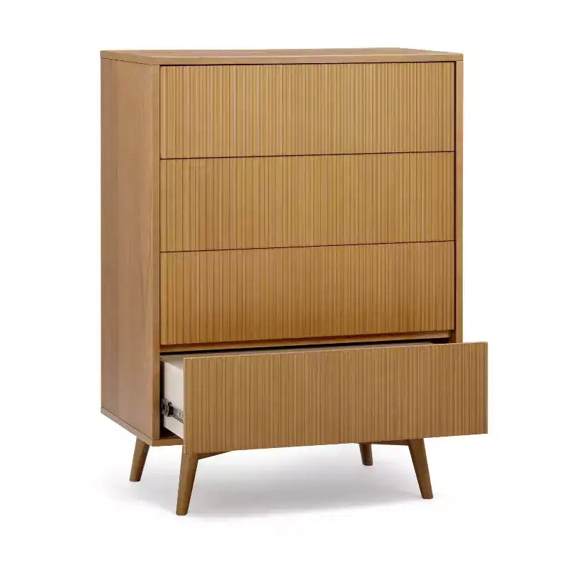 Cassettiera Moderna Bohemien a 4 Cassetti con Legno Massello e Frontali Scanalati