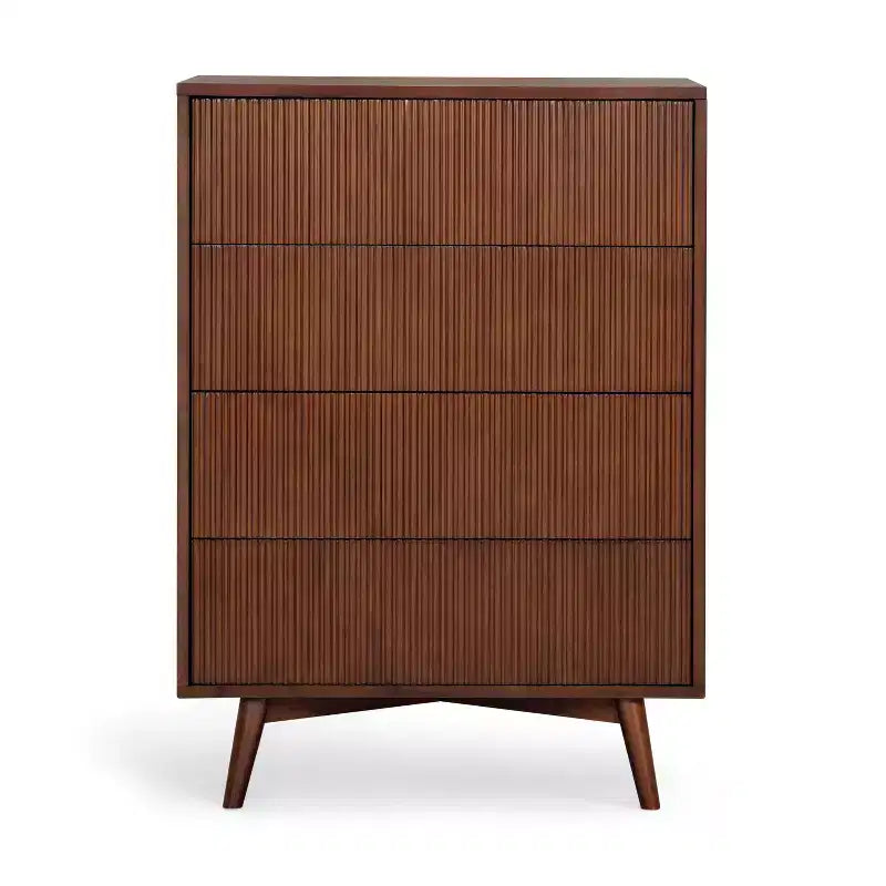 Cassettiera Moderna Bohemien a 4 Cassetti con Legno Massello e Frontali Scanalati