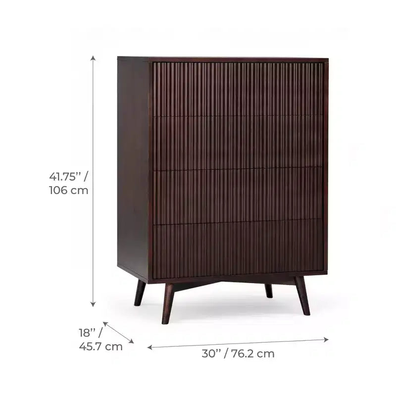 Cassettiera Moderna Bohemien a 4 Cassetti con Legno Massello e Frontali Scanalati