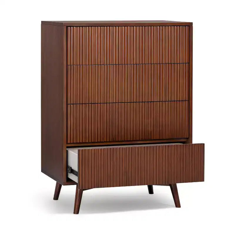 Cassettiera Moderna Bohemien a 4 Cassetti con Legno Massello e Frontali Scanalati
