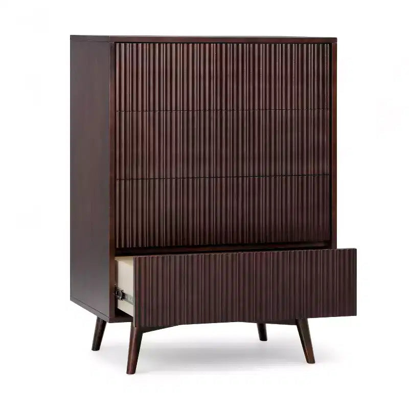 Cassettiera Moderna Bohemien a 4 Cassetti con Legno Massello e Frontali Scanalati