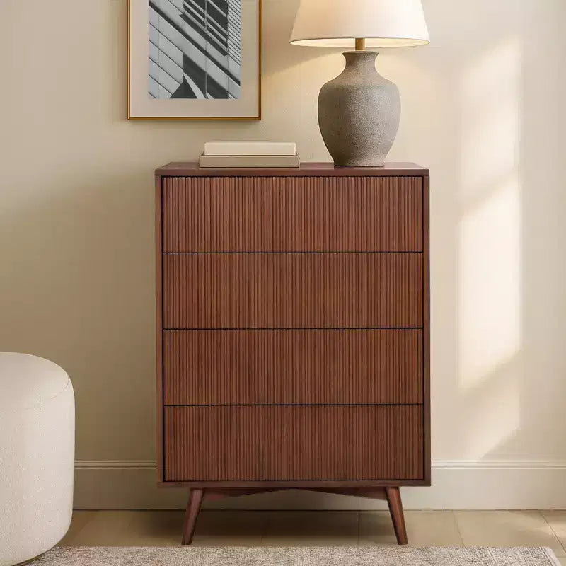 Cassettiera Moderna Bohemien a 4 Cassetti con Legno Massello e Frontali Scanalati