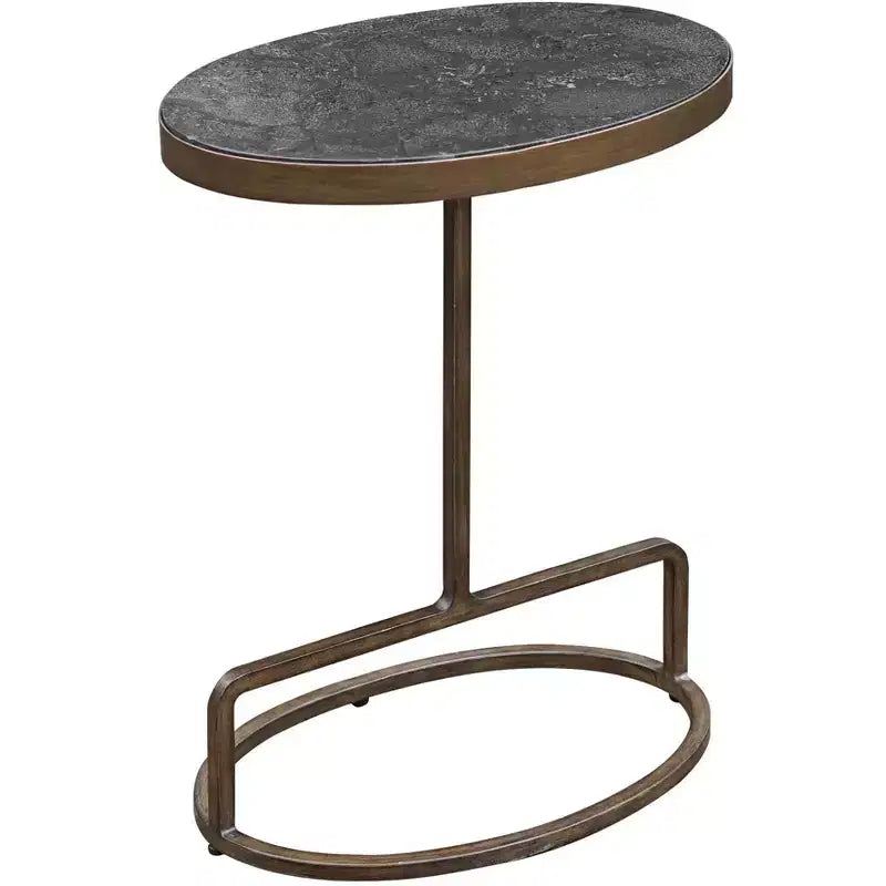 Tavolino d'appoggio ovale Uttermost in ferro anticato dorato rustico 45,7 x 30,5 cm con piano in marmo Bluestone lucido per soggiorno, camera da letto, comodino