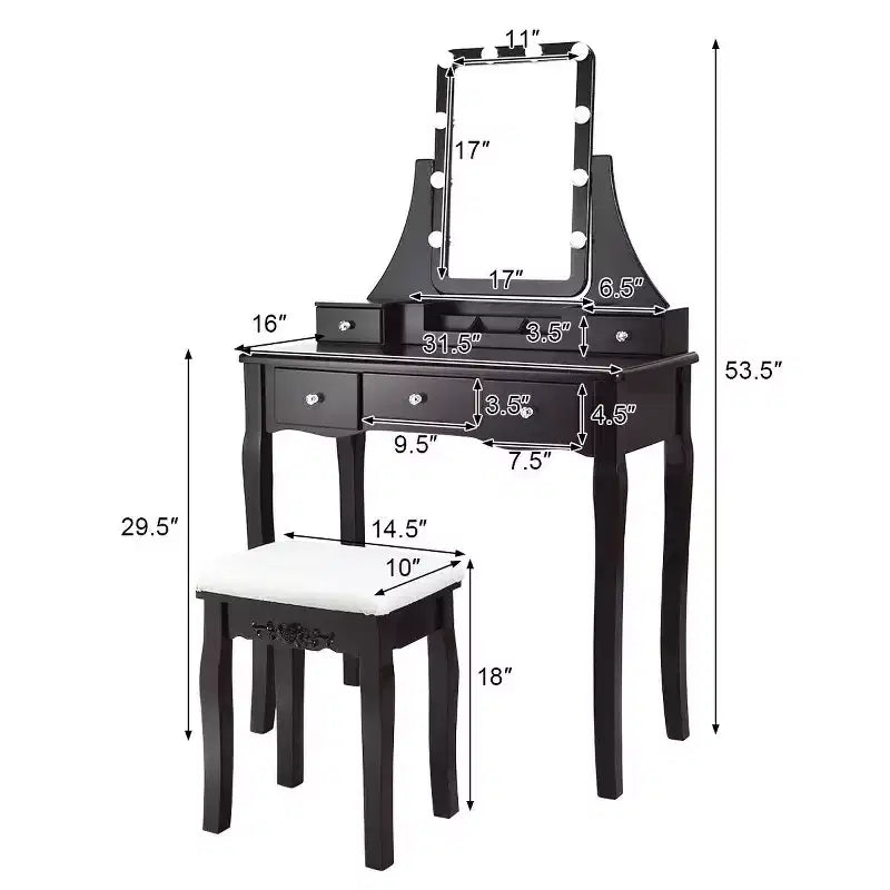 Set Tavolo da Trucco con Scatola Portaoggetti Rimovibile e 10 Lampadine LED Dimmerabili - Interruttore Touch