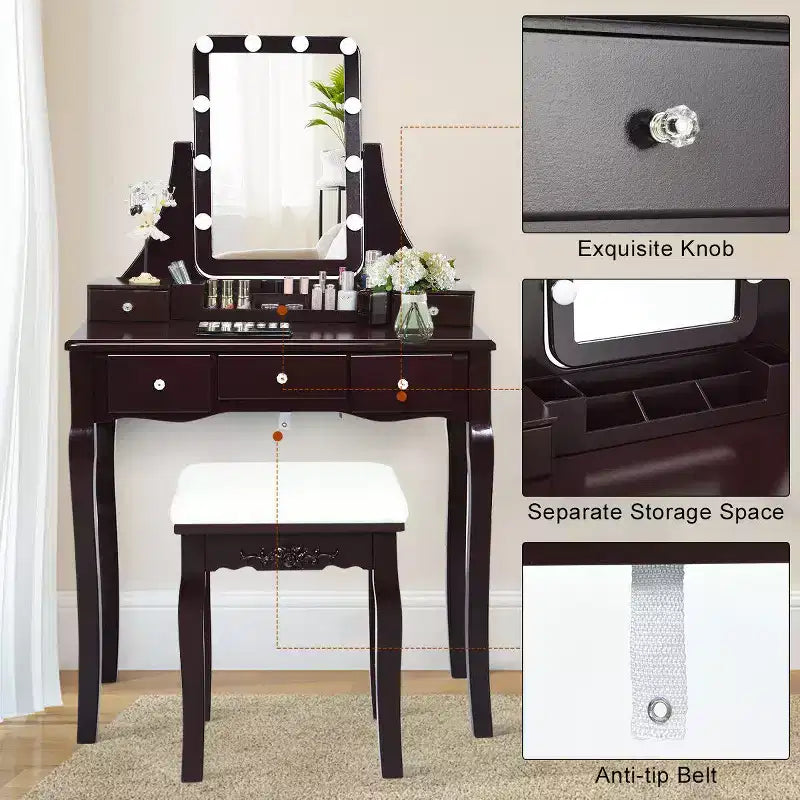 Set Tavolo da Trucco con Scatola Portaoggetti Rimovibile e 10 Lampadine LED Dimmerabili - Interruttore Touch