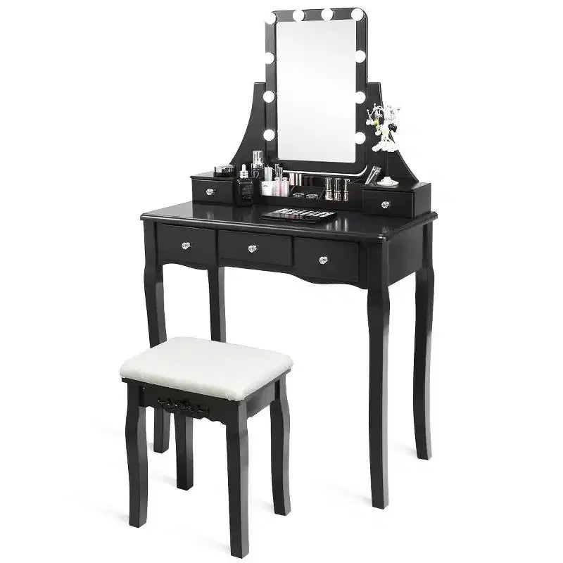 Set Tavolo da Trucco con Scatola Portaoggetti Rimovibile e 10 Lampadine LED Dimmerabili - Interruttore Touch