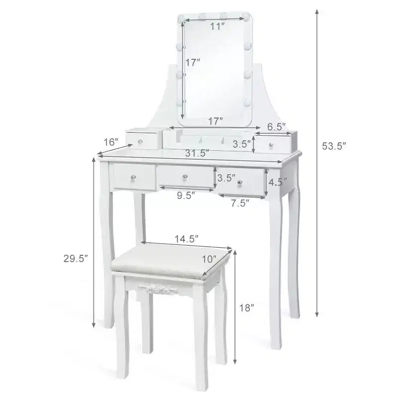 Set Tavolo da Trucco con Scatola Portaoggetti Rimovibile e 10 Lampadine LED Dimmerabili - Interruttore Touch