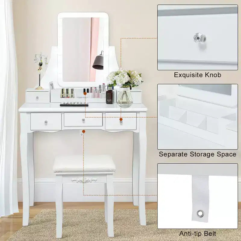 Set Tavolo da Trucco con Scatola Portaoggetti Rimovibile e 10 Lampadine LED Dimmerabili - Interruttore Touch