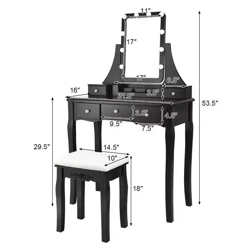 Set Tavolo da Trucco con Scatola Portaoggetti Rimovibile e 10 Lampadine LED Dimmerabili - Interruttore Touch