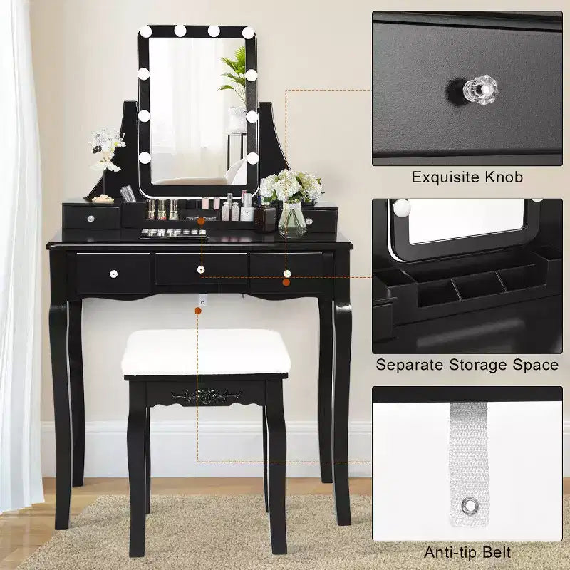 Set Tavolo da Trucco con Scatola Portaoggetti Rimovibile e 10 Lampadine LED Dimmerabili - Interruttore Touch