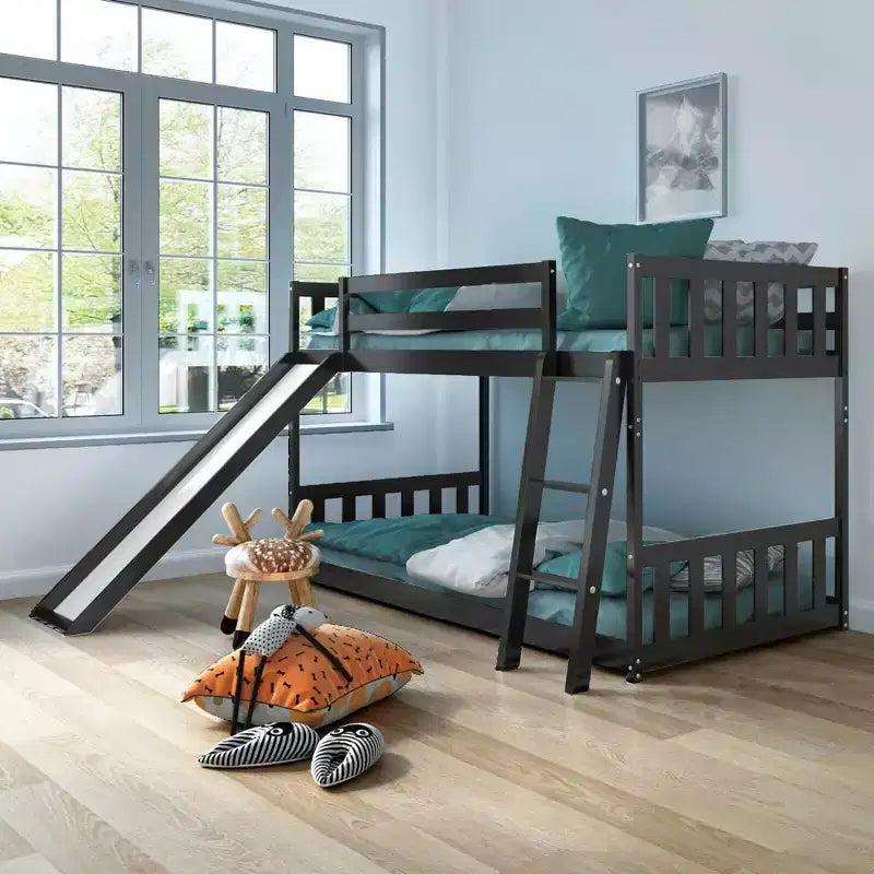 Letto a Castello Basso Doppio con Scivolo e Scaletta per Bambini