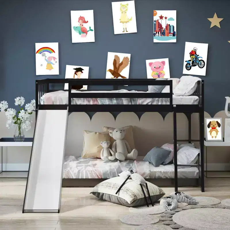 Letto a Castello Basso Doppio con Scivolo e Scaletta per Bambini