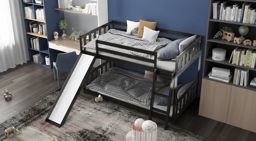 Letto a Castello Basso Doppio con Scivolo e Scaletta per Bambini