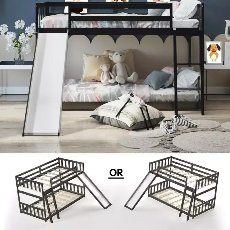 Letto a Castello Basso Doppio con Scivolo e Scaletta per Bambini