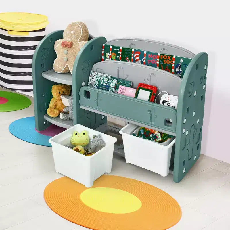 Organizzatore di giocattoli per bambini con libreria a 2 ripiani e contenitori in plastica