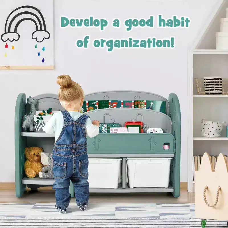 Organizzatore di giocattoli per bambini con libreria a 2 ripiani e contenitori in plastica