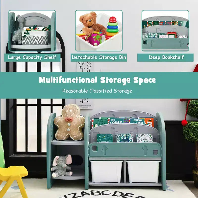 Organizzatore di giocattoli per bambini con libreria a 2 ripiani e contenitori in plastica