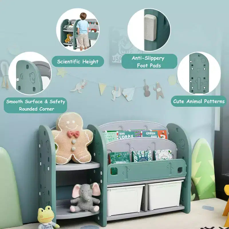 Organizzatore di giocattoli per bambini con libreria a 2 ripiani e contenitori in plastica