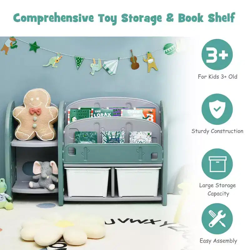 Organizzatore di giocattoli per bambini con libreria a 2 ripiani e contenitori in plastica